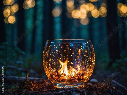 A small campfire burning inside a glass, with a forest in the background.
