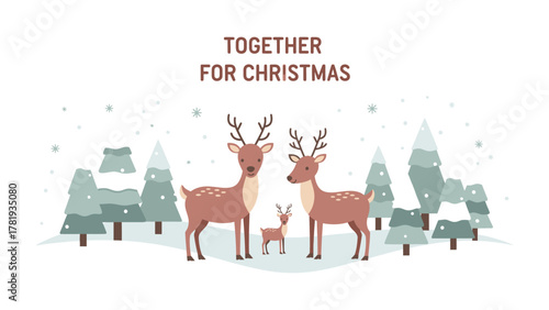 Christmas Family Reunion: A heartwarming illustration captures a deer family amidst a snow-covered winter landscape, the spirit of togetherness shines.