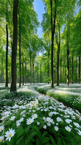 Sunlit Spring Forest Floor Carpeted With White Wildflowers Amidst Tall Green Trees With Bright Sunlight Filtering Through The Canopy Creating A Serene Natural Landscape