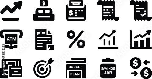 Collection of business and finance icons in black silhouette style