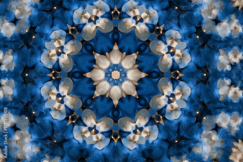 Symmetrical floral design in shades of blue and white showcasing star shaped elements with glowing effect and radial arrangement