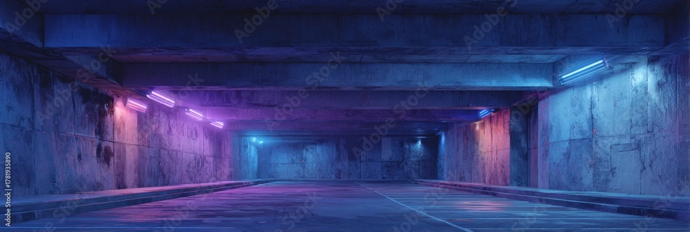 Fototapeta premium Futuristic Underground Concrete Archway: A Grunge Cyberpunk Setting with Vibrant Purple and Blue Neon Lights
