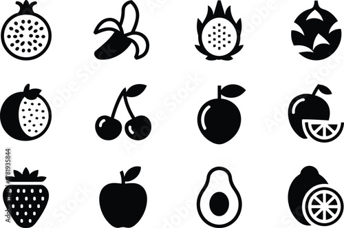 Collection of Fresh Fruit Icons Including Pomegranate, Banana, Dragon Fruit and Apple