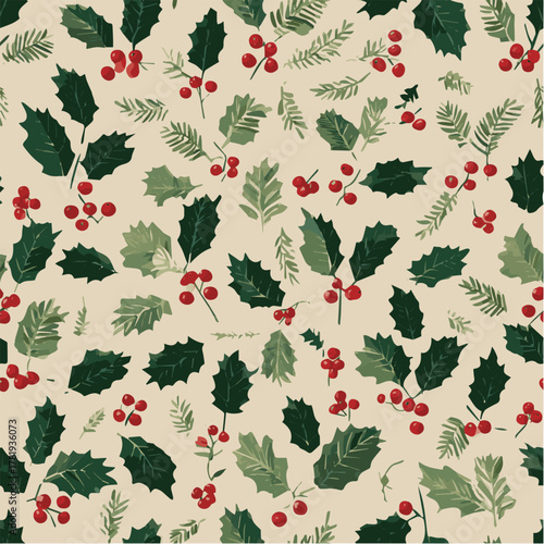 Seamless vector pattern of holly leaves, red berries, and pine branches, Christmas illustration