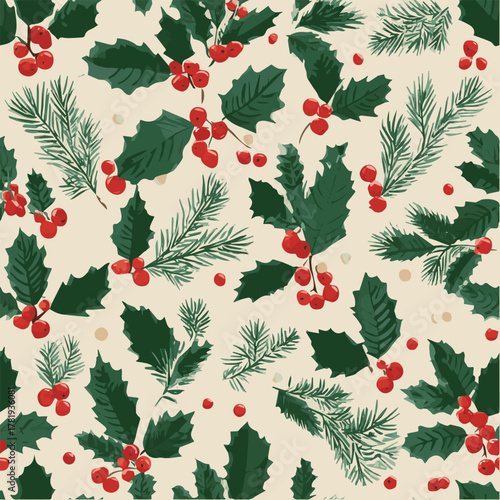 Seamless vector pattern of holly leaves, red berries, and pine branches, Christmas illustration