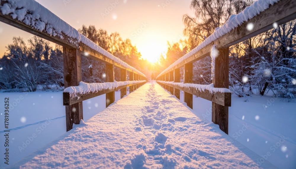 Fototapeta premium A frozen city park landscape featuring a snow-covered bridge, icy trees, and a cold blue winter sky