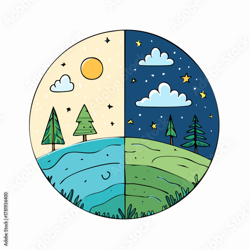 Day and night landscape contrasting a sunlit scene with a starry nighttime vista