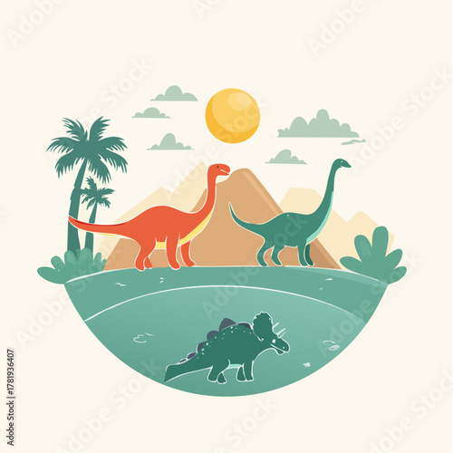 Dinosaur silhouettes roam a prehistoric landscape under a bright, sunny sky