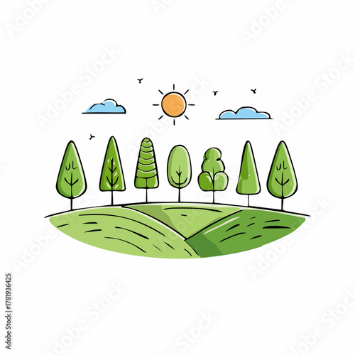 Illustration showing reforested land with new trees growing under the Sun