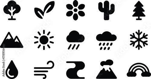 Collection of nature and weather icons in black silhouette style 