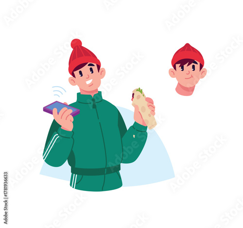 A guy in a green tracksuit with a shawarma and a smartphone. Sale and delivery of shawarma and fast food. The bully is having lunch. Illustration for design projects, website and printing, mockup and 