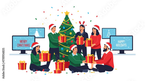 Holiday Cheer: A group of individuals is gathered, exchanging gifts in front of a festive tree, creating a scene of warmth and camaraderie.