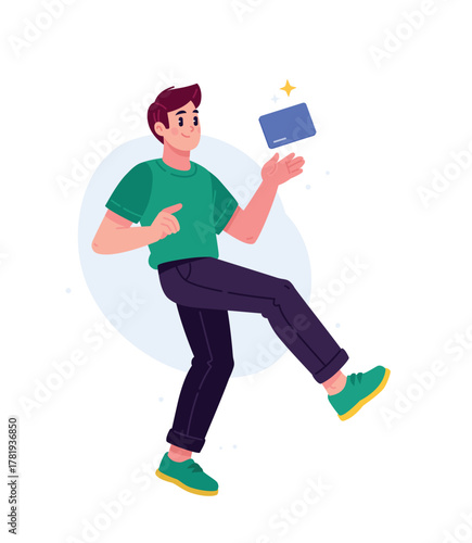 A young man in a dynamic pose points to a bank card. The account balance. The image of financial technology and digital payments. The concept of payment, finance, and online shopping. Banking services