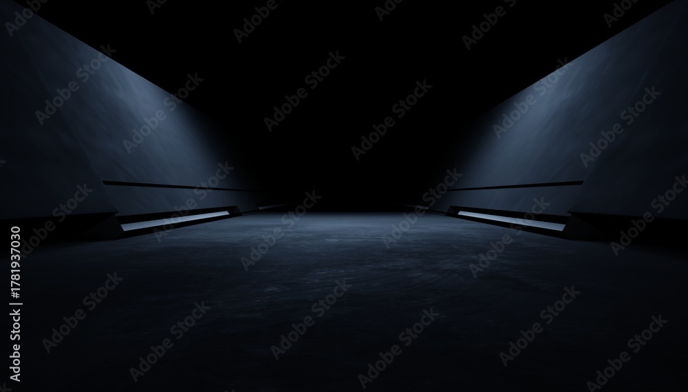 Fototapeta premium 3d rendering of white neon glowing spaceship corridor hallway dark background. Scene for advertising, showroom, technology, future, modern, E sport, game, garage. Sci Fi Illustration. Product display