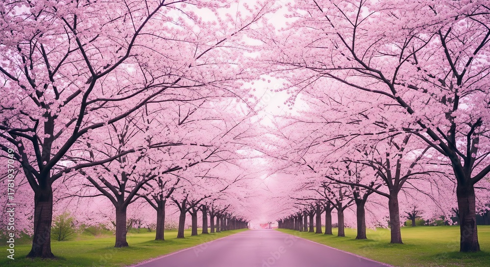 Fototapeta premium Beautiful Cherry Blossom Tree Tunnel Along an Empty Road in Spring