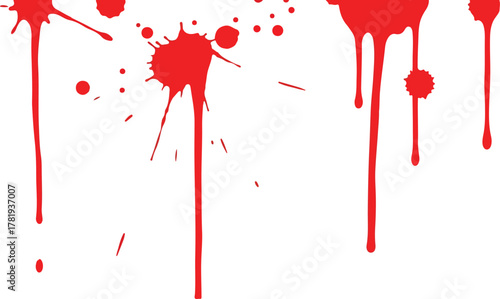 Red splatters and drips on white like blood varying in size and shape creating a splatter effect