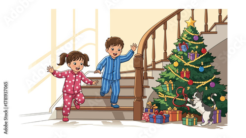Excited Children and Christmas Eve: Two delighted children descend a staircase on Christmas Eve, greeted by a festive Christmas tree adorned with ornaments and wrapped gifts, alongside a playful dog.