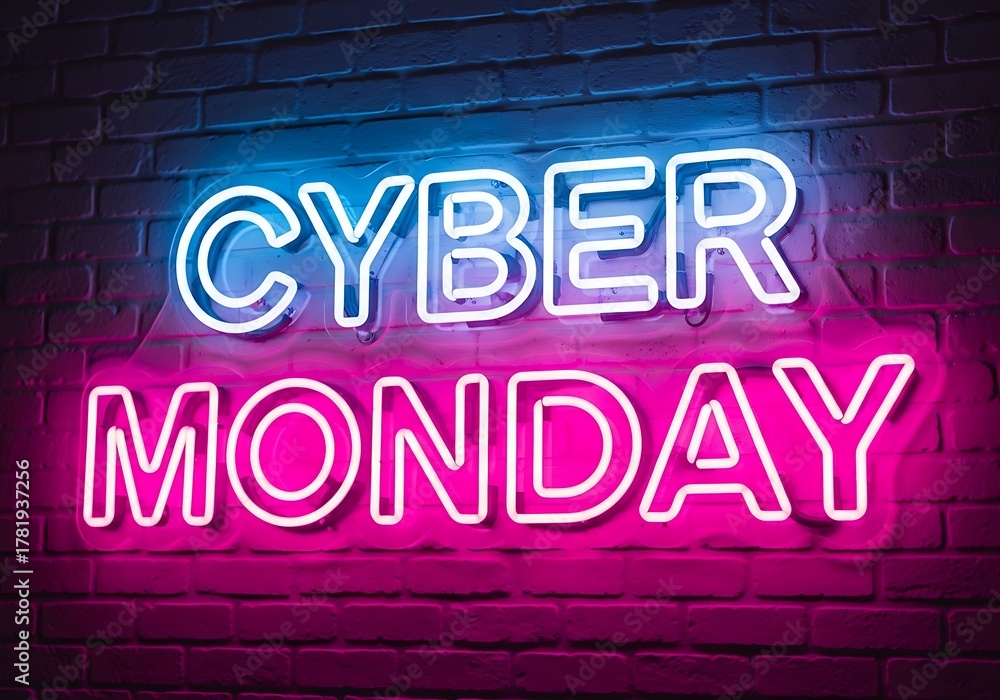 Obraz premium Cyber monday neon sign on brick wall