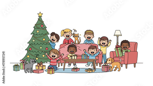 Festive Joy: Children gather around a Christmas tree, radiating happiness, surrounded by wrapped gifts, cats, and a dog, embodying the spirit of celebration and excitement.