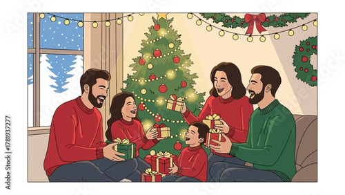 Christmas Cheer Family: A loving family is gathered on Christmas morning, delighting in the joy of exchanging gifts and the warmth of the season. Featuring a Christmas tree.