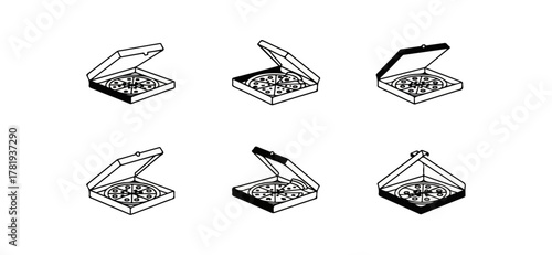 Pizza box illustrations various angles flat design