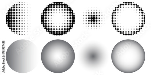 Halftone gradient circles collection. Dots textured round patterns. Cartoon comic radial faded background set. Abstract pixelated elements for frame, poster, collage, banner, flyer. Vector bundle