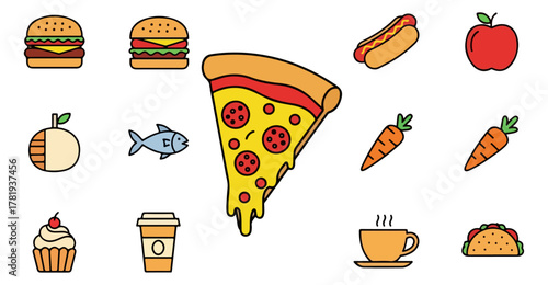 Assorted food icons on black background for culinary and dietary themes