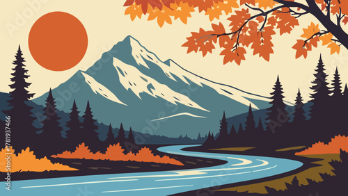 A picturesque autumn landscape illustration showing a tranquil river flowing through a pine forest towards a majestic mountain range under a warm sun