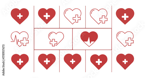 Medical hearts with cross symbols on black background