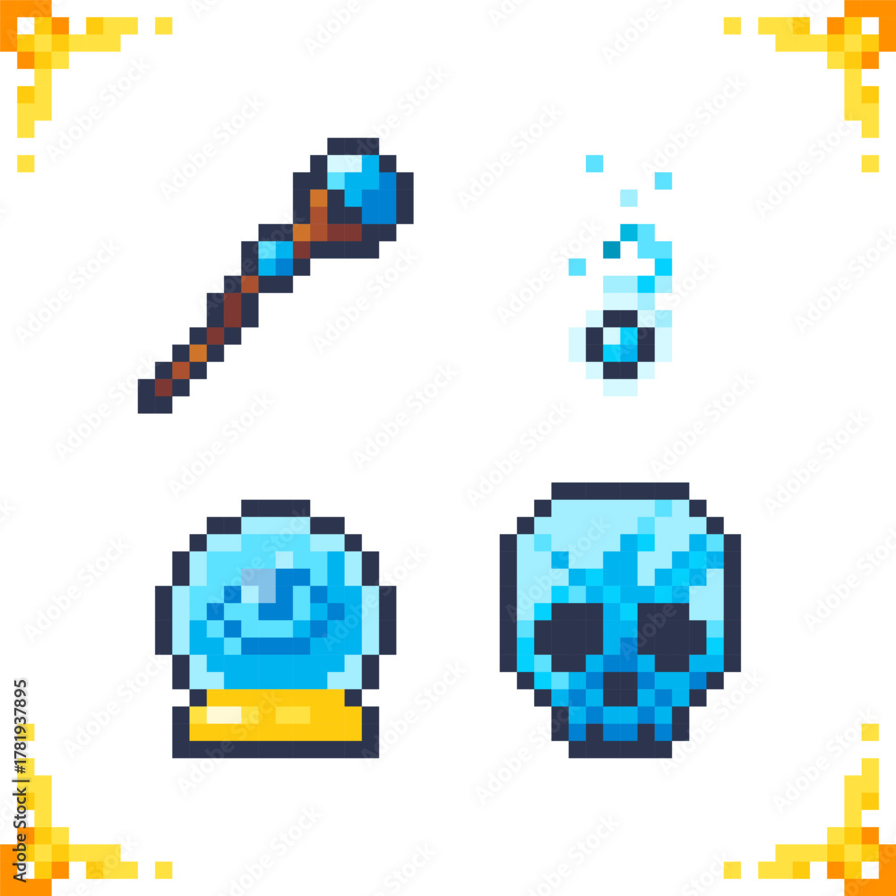 Fototapeta premium A set of pixel art icons of magic and sorcery. Attributes of a witch, wizard, and sorcerer. 16x16 pixels.