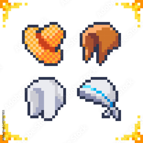 A set of pixel art icons of medieval peasant headdresses for men and women. 16x16 pixels.