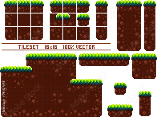 Pixel art tile set for 2d retro game. A set of ground tiles with grass for platformer. Location and landscape constructor. The resolution of the block is 16 x 16 pixels.