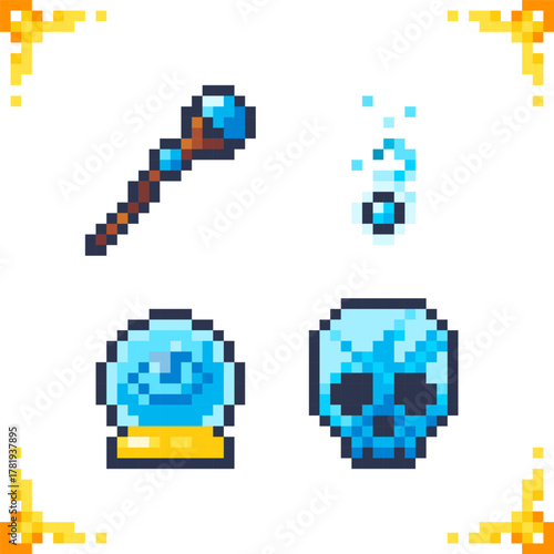 A set of pixel art icons of magic and sorcery. Attributes of a witch, wizard, and sorcerer. 16x16 pixels.