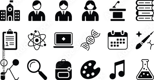 Education, Science, and Arts Icon Set – Vector Symbols of Learning, Creativity, and Academic Life