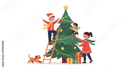 Christmas Tree Decoration: A family comes together to decorate a Christmas tree, with the festive spirit in full swing. This image is perfect for capturing the essence of the holidays.