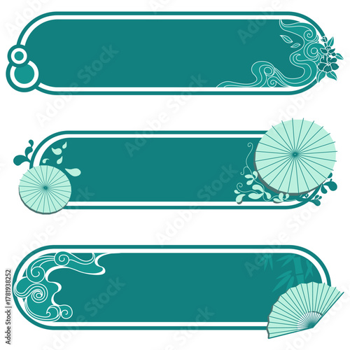 Beautiful oriental decorative label set with parasol and fan illustrations, elegant Asian style banner frames for product packaging, menu templates and cultural themed design