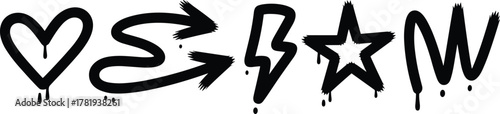 Graffiti Style Heart Arrow Lightning Bolt Star and Wavy Line Symbols Dripping Paint