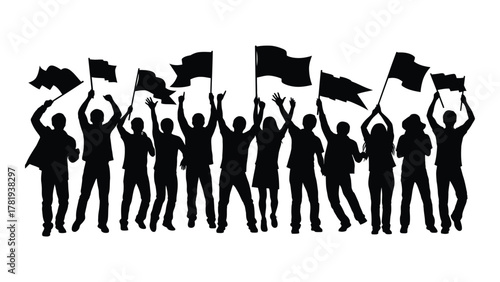 Protesting crowd silhouettes with flags isolated on white background, Vector