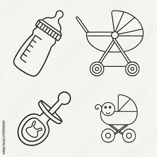 Collection of simple line art icons representing baby essentials including a feeding bottle pacifier and two styles of baby carriages
