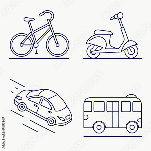 Collection of simple line art icons representing various modes of transportation including a bicycle scooter car and bus
