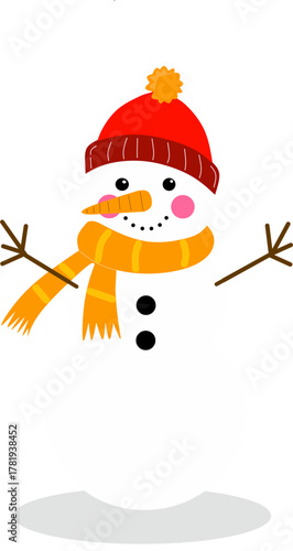 Cute snowman wearing a red hat and yellow scarf, smiling cheerfully in a winter setting