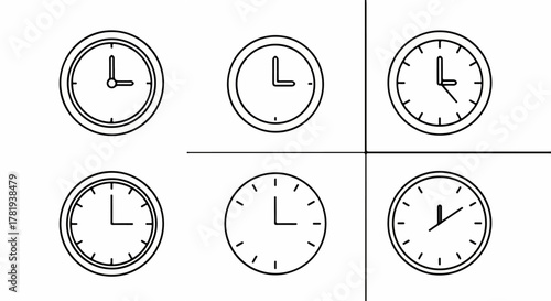 Clock faces showing different times in simple black and white design