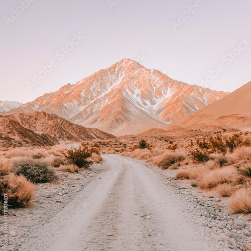 A lone mountain rises against the backdrop of a rocky road in the midst of a semi-desert in orange pastel tones.