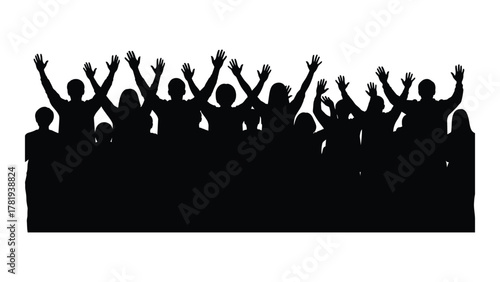 Excited crowd silhouette with raised hands isolated on white background, Vector