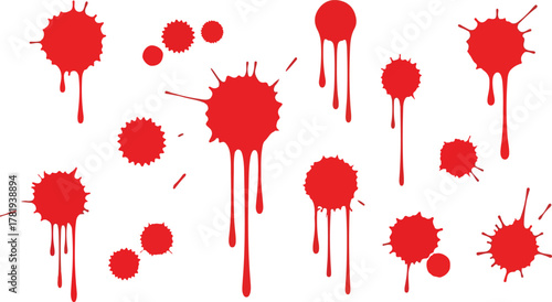Red splatters and droplets of liquid are scattered on a white background