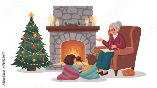 Christmas Tales by the Hearth: A grandmother enchants her grandchildren with a captivating tale. Snuggled by the crackling fireplace and a decorated Christmas tree, evoking warmth.