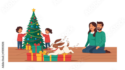 Holiday Happiness: A family, joyfully gathering around Christmas tree, decorates with ornaments, amidst a festive scene of gift boxes and playful dog.
