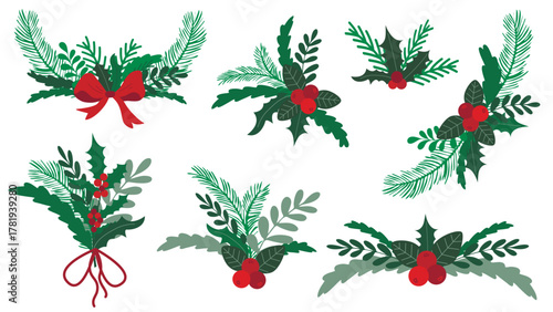 Botanical holiday winter decor for Christmas and New Year s designs. Set of compositions of fir branches, leaves, holly and berries. Clip art Christmas attributes, vector elements