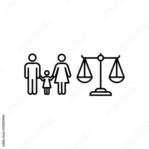 Family law concept with balanced scales and stick figure family, representing fairness and justice for legal matters, originally scalable vector graphic