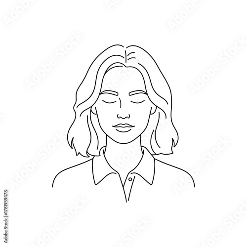 Serene woman with eyes closed in mindful meditation, peaceful simplicity, modern minimalist line art, calm wellness, and quiet contemplation in this portrait